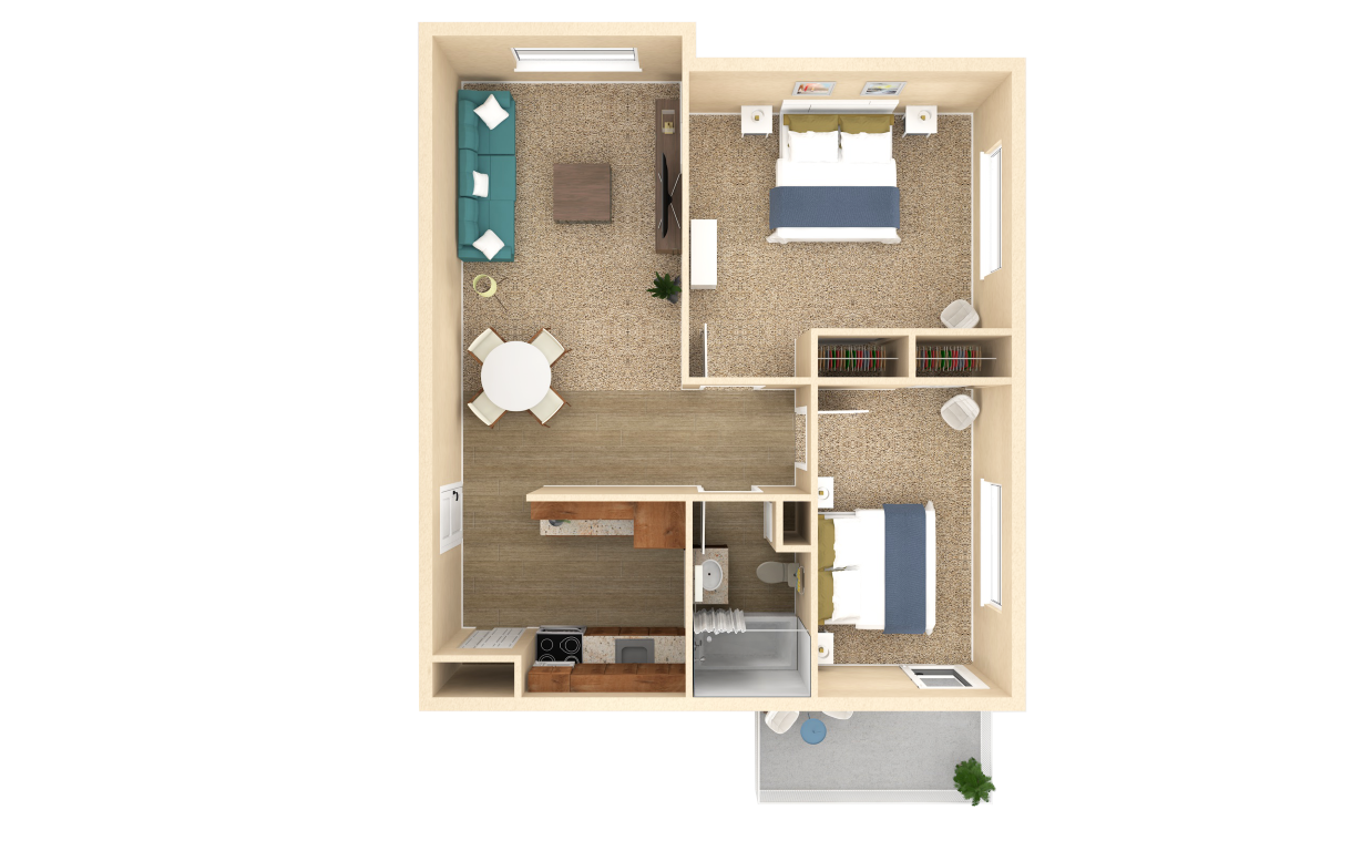 Floor plan for 2 beds, 1 bath, 812 sqft